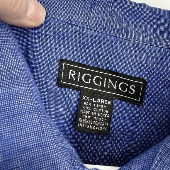Riggings Mens Linen Blend Button Up Shirt Mens size XXL Solid Blue Long Sleeves - Picture 6 of 8